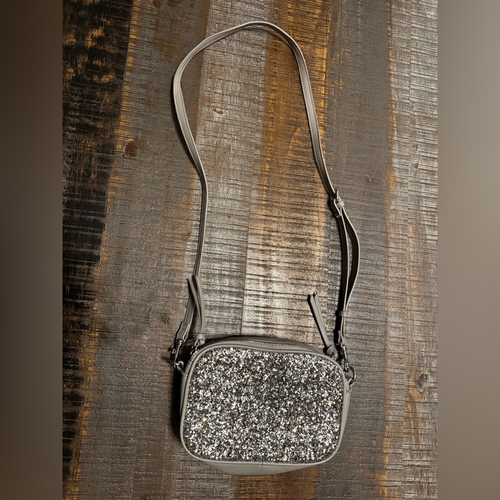Womens Purse Crossbody Gray with Silver Sparkles 2 Zippered Compartments